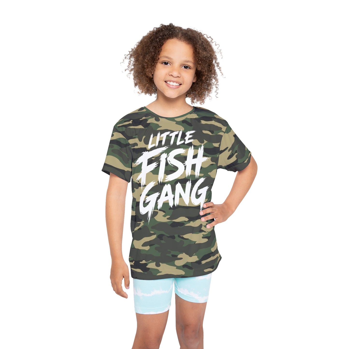 Kids Long Sleeve 100% Polyester Shirt | Little Fish Gang | Green Camo