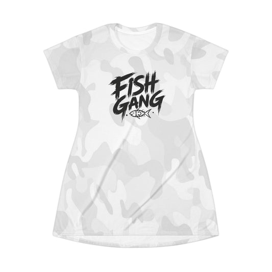 Fish Gang Logo T-Shirt Dress | White Camouflage All-Over Print