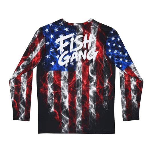 Men's Long Sleeve Shirt | Fish Gang | American Flag | 100% Polyester