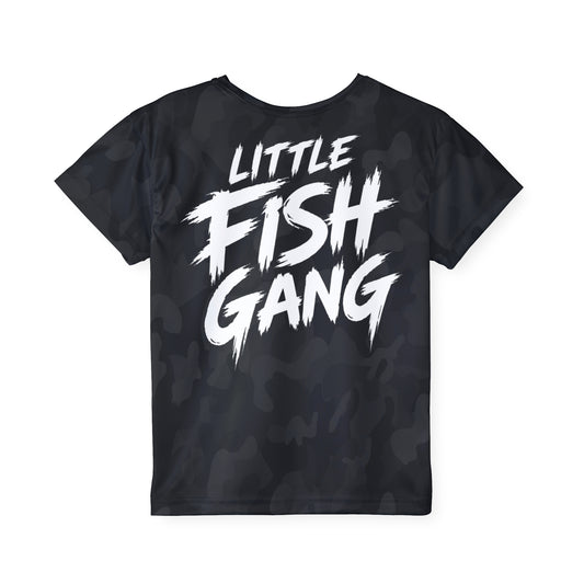 Kids Long Sleeve 100% Polyester Shirt | Little Fish Gang | Black Camo