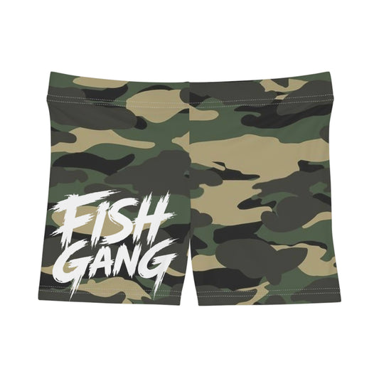 Green Camo "Fish Gang" Women's Shorts — Stretch Swim/Active