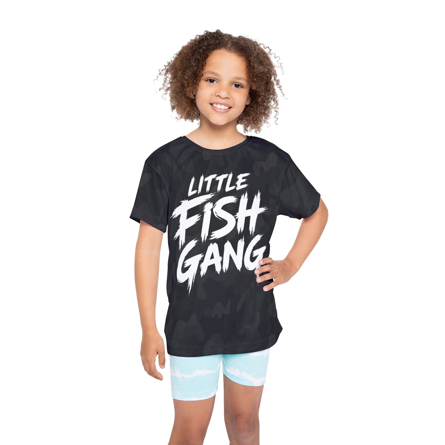 Kids Long Sleeve 100% Polyester Shirt | Little Fish Gang | Black Camo
