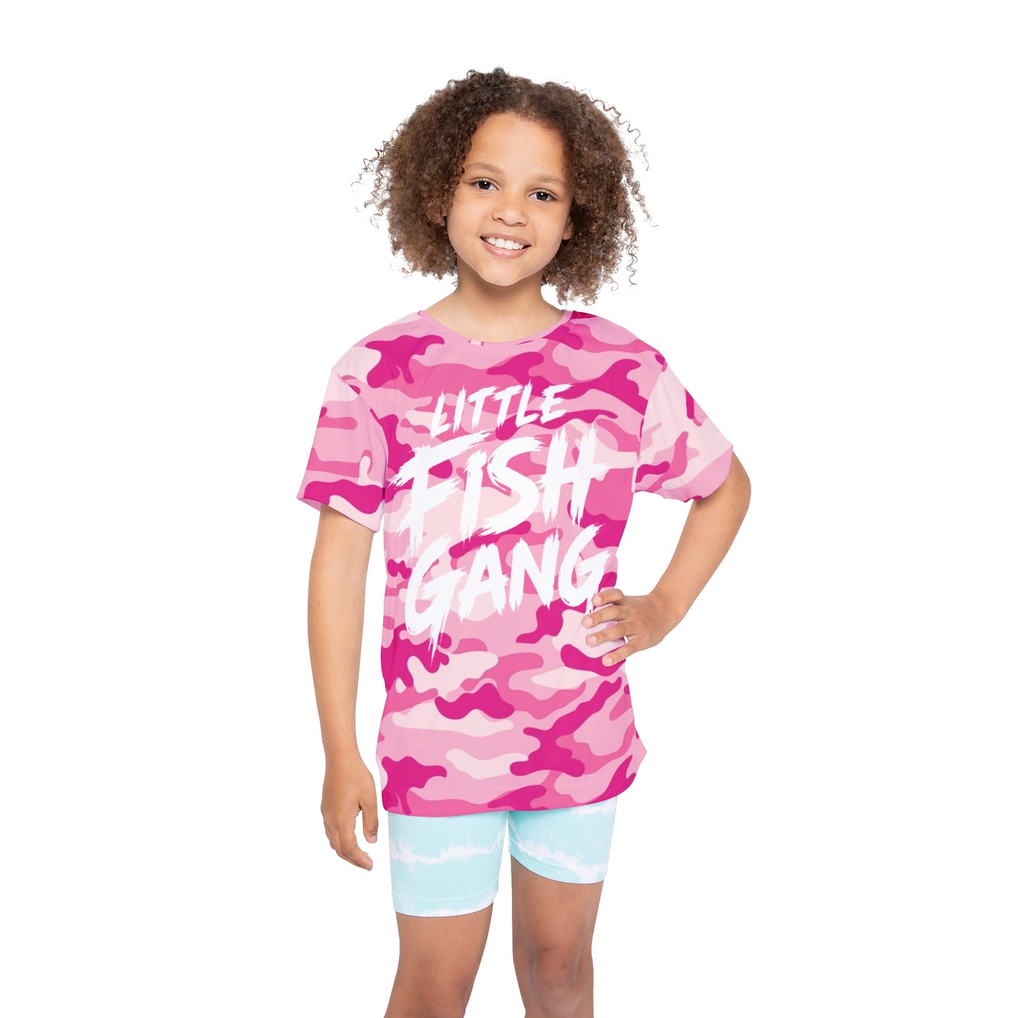 Kids Long Sleeve 100% Polyester Shirt | Little Fish Gang | Pink Camo