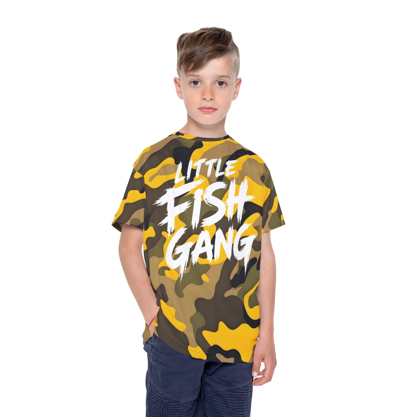 Kids Long Sleeve 100% Polyester Shirt | Little Fish Gang | Yellow Camo