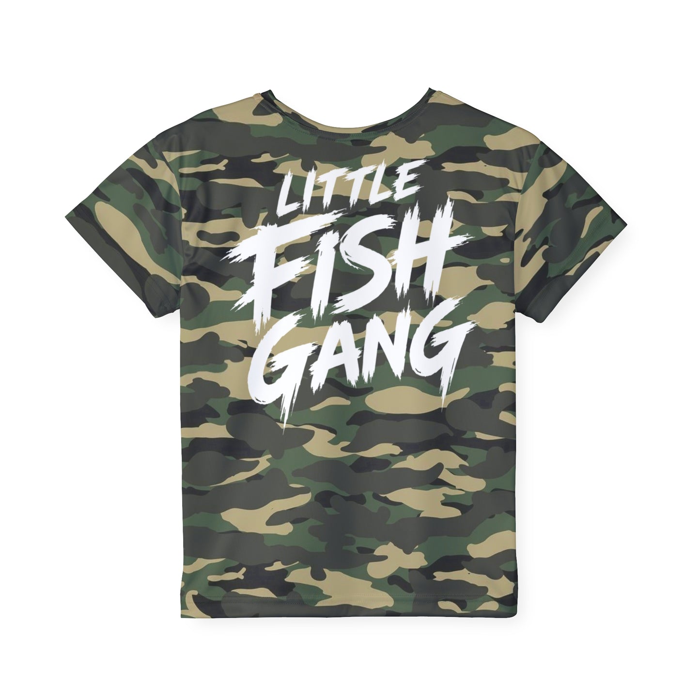 Kids Long Sleeve 100% Polyester Shirt | Little Fish Gang | Green Camo