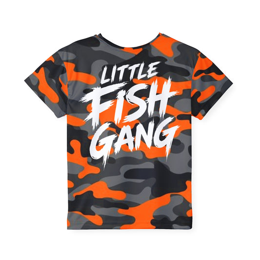 Kids Long Sleeve 100% Polyester Shirt | Little Fish Gang | Orange Camo