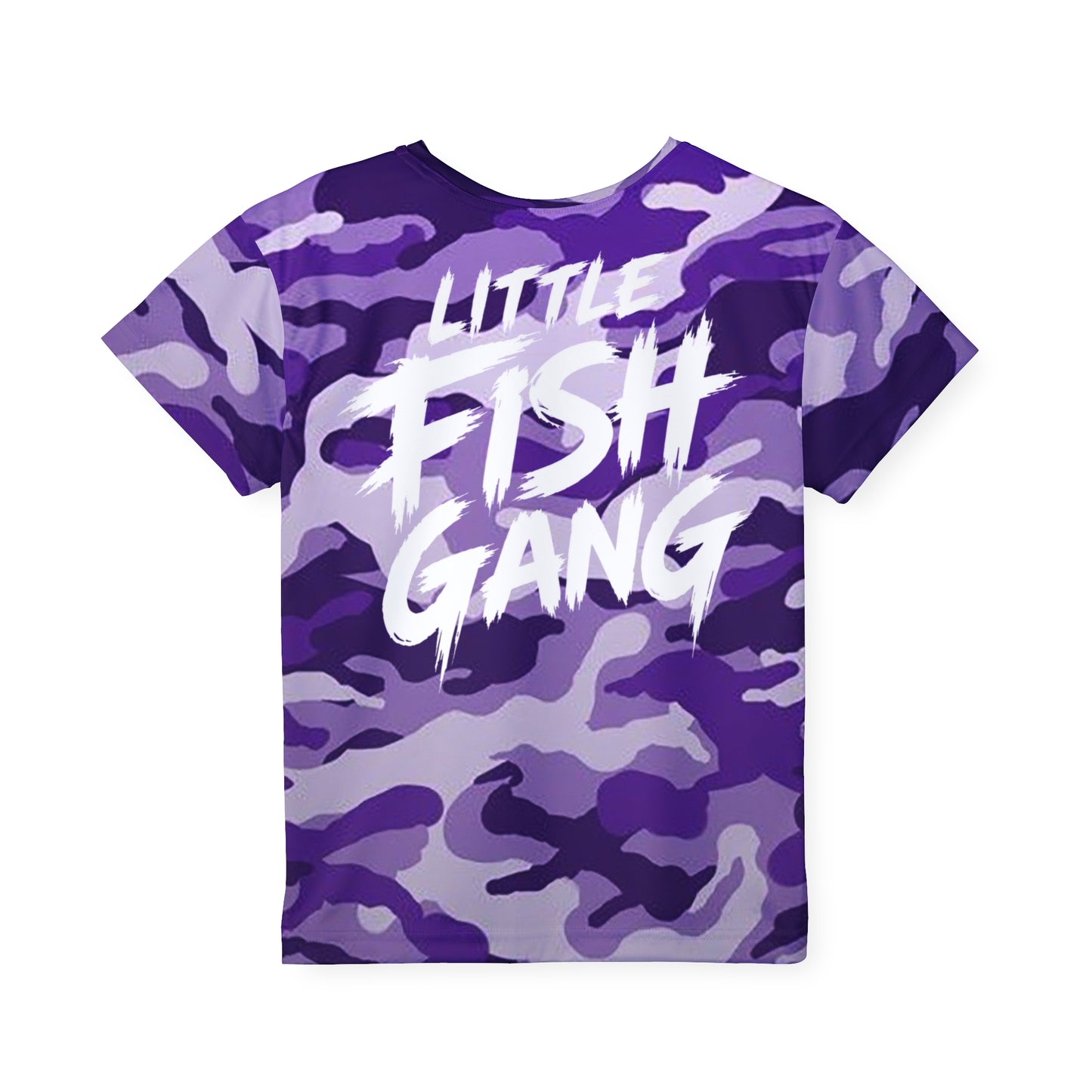 Kids Long Sleeve 100% Polyester Shirt | Little Fish Gang | Purple Camo
