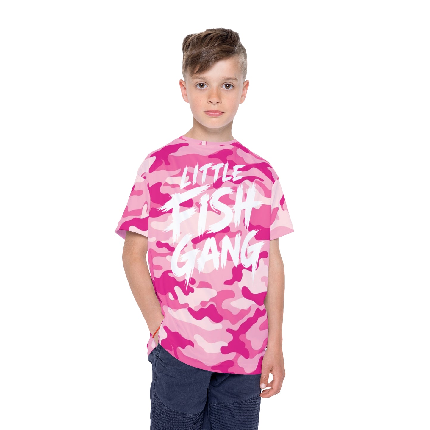 Kids Long Sleeve 100% Polyester Shirt | Little Fish Gang | Pink Camo