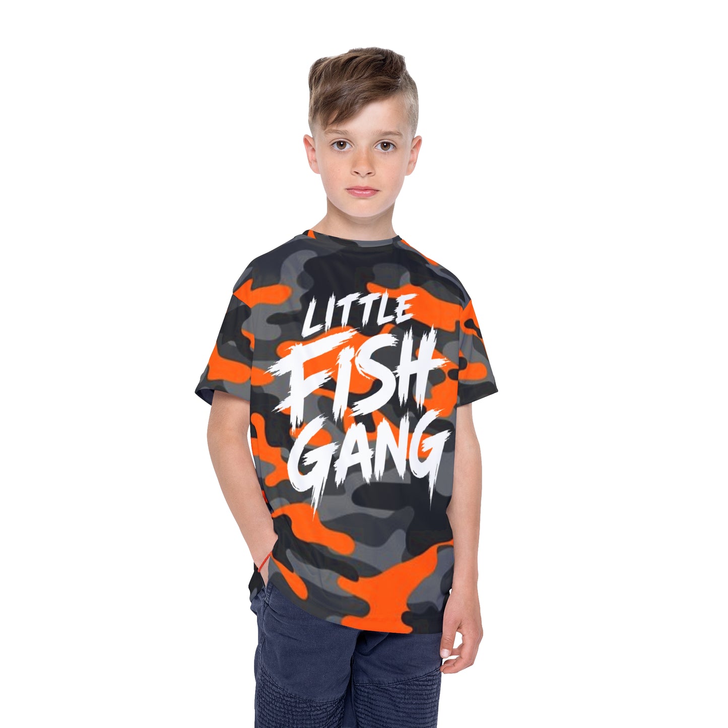 Kids Long Sleeve 100% Polyester Shirt | Little Fish Gang | Orange Camo