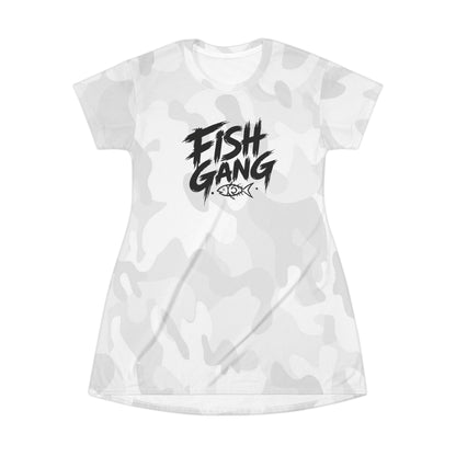 Fish Gang Logo T-Shirt Dress | White Camouflage All-Over Print