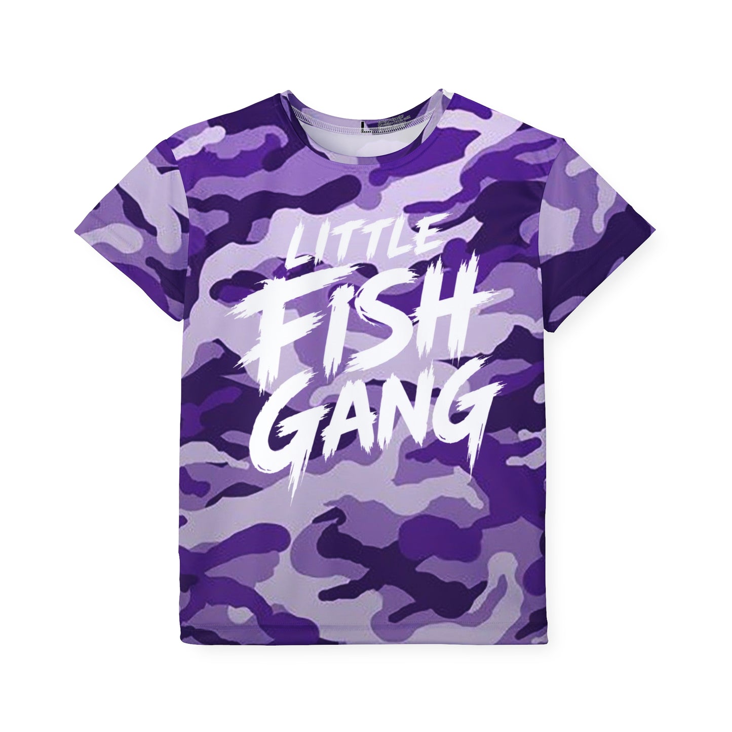 Kids Long Sleeve 100% Polyester Shirt | Little Fish Gang | Purple Camo