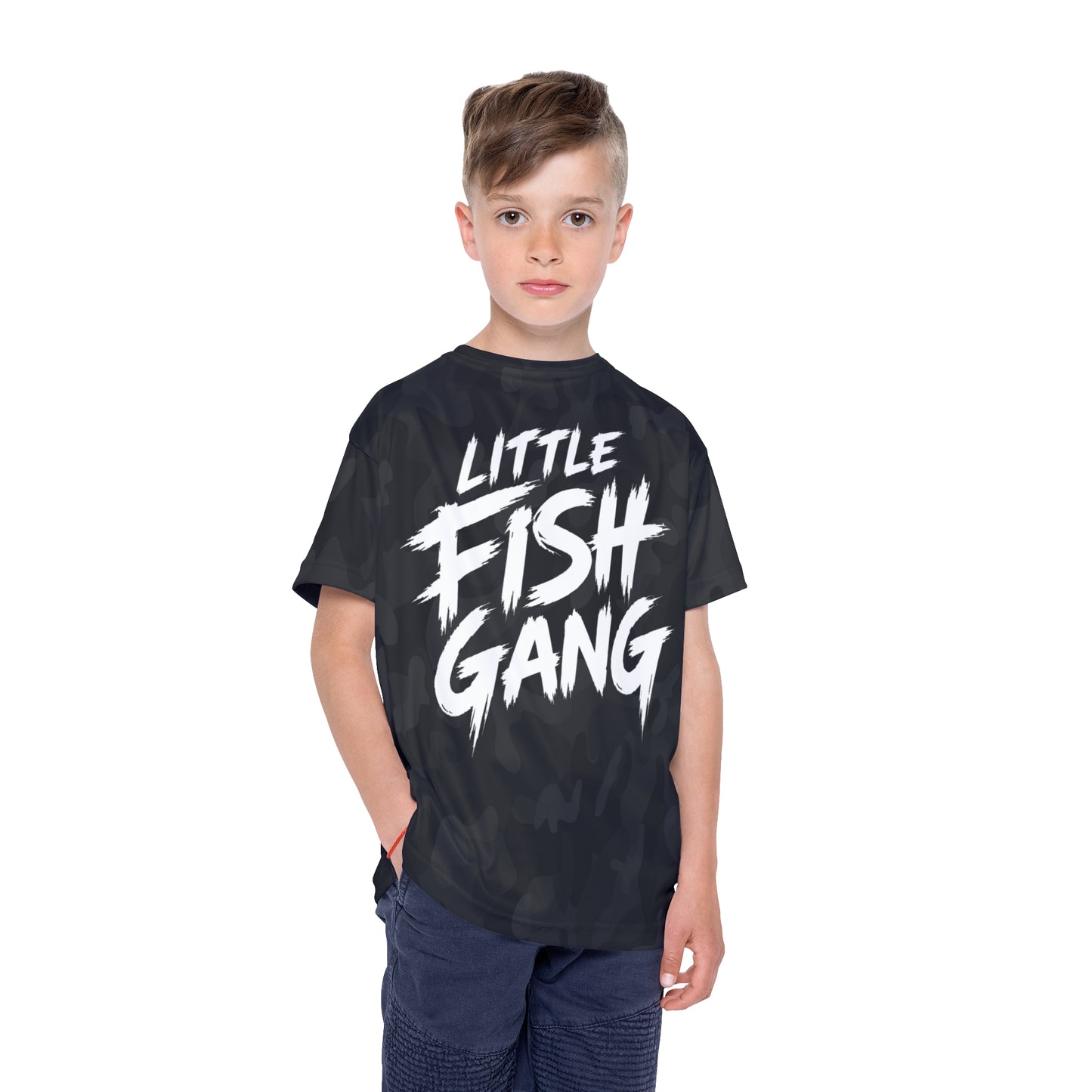 Kids Long Sleeve 100% Polyester Shirt | Little Fish Gang | Black Camo