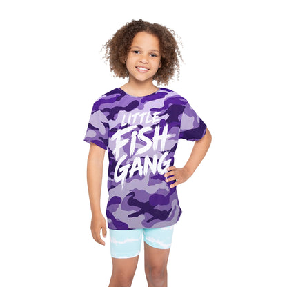 Kids Long Sleeve 100% Polyester Shirt | Little Fish Gang | Purple Camo