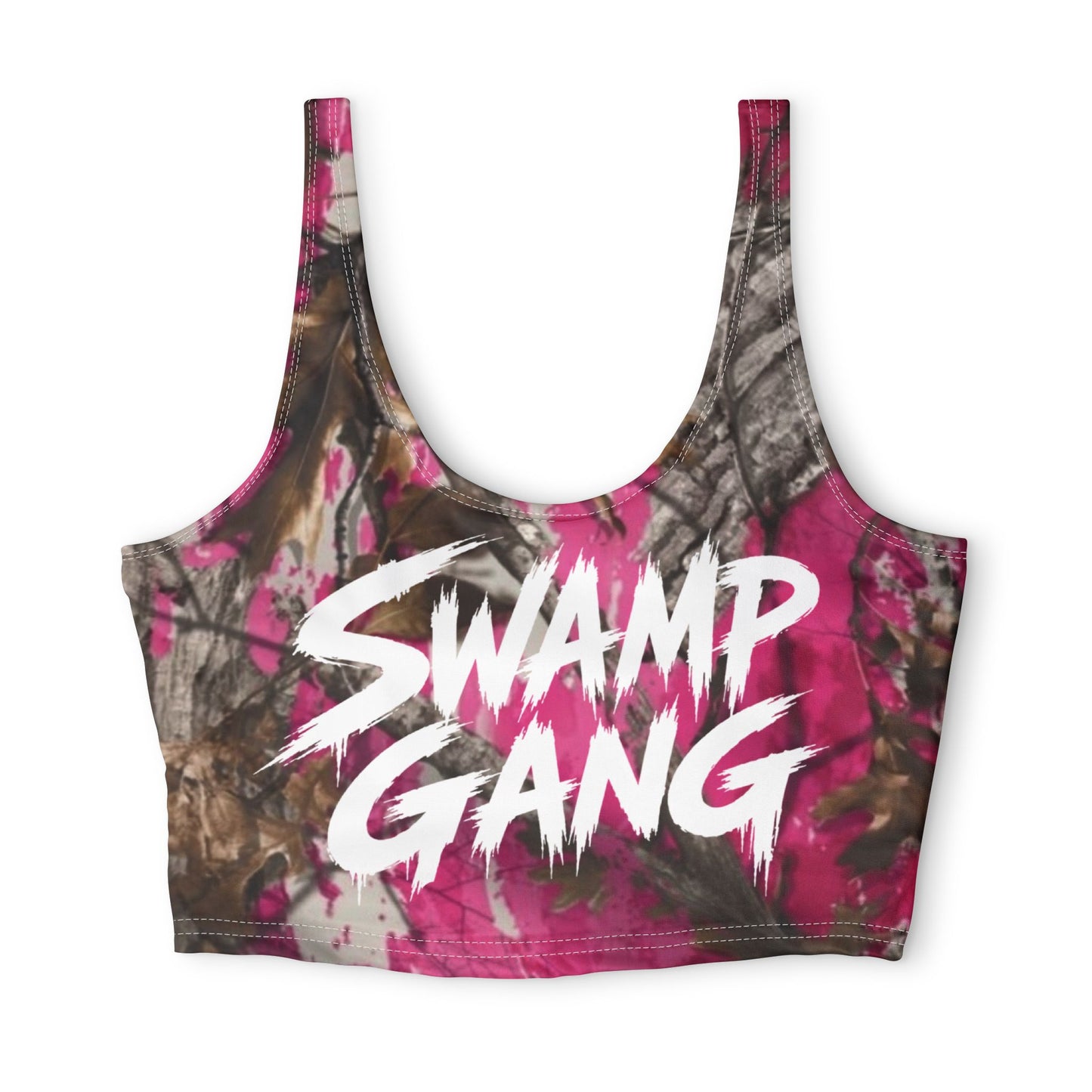 Swamp Gang Pink Mossy Oak Camo Sports Bra | 100% Polyester