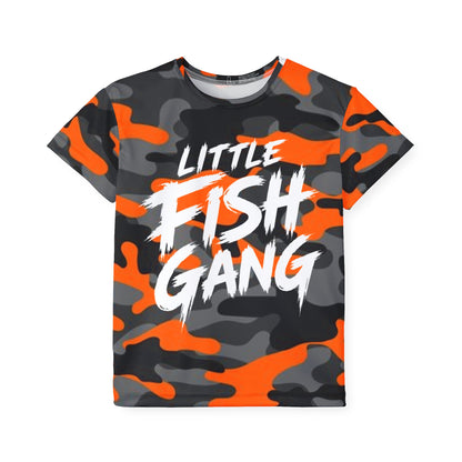 Kids Long Sleeve 100% Polyester Shirt | Little Fish Gang | Orange Camo