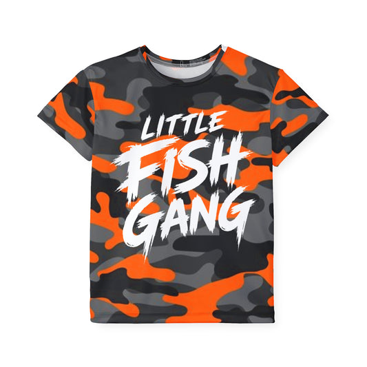 Kids Long Sleeve 100% Polyester Shirt | Little Fish Gang | Orange Camo