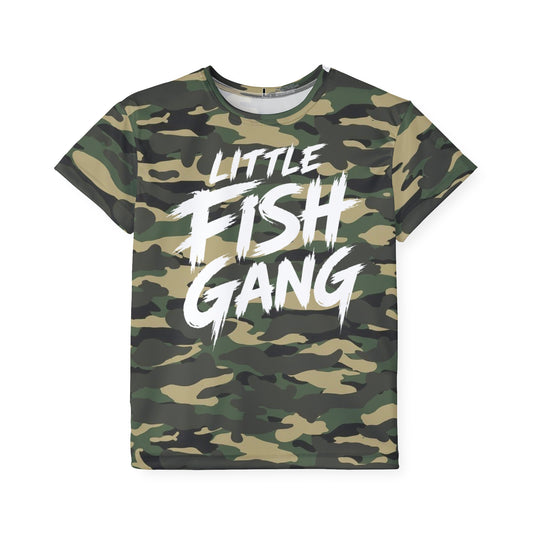 Kids Long Sleeve 100% Polyester Shirt | Little Fish Gang | Green Camo