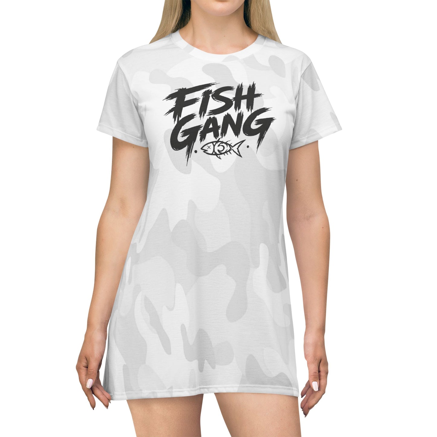 Fish Gang Logo T-Shirt Dress | White Camouflage All-Over Print