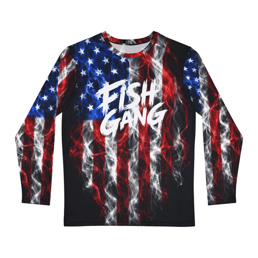 Men's Long Sleeve Shirt | Fish Gang | American Flag | 100% Polyester