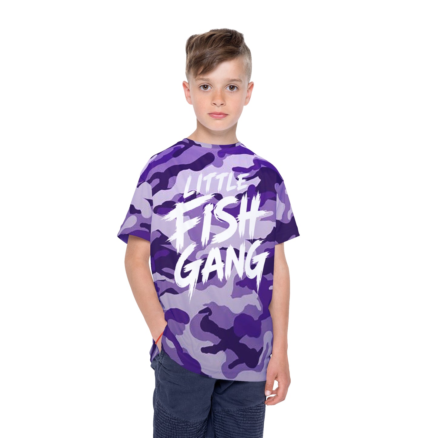 Kids Long Sleeve 100% Polyester Shirt | Little Fish Gang | Purple Camo