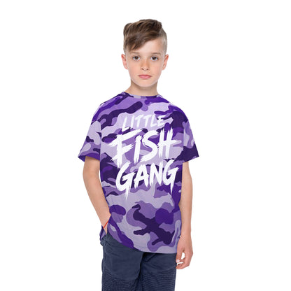 Kids Long Sleeve 100% Polyester Shirt | Little Fish Gang | Purple Camo