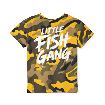 Kids Long Sleeve 100% Polyester Shirt | Little Fish Gang | Yellow Camo