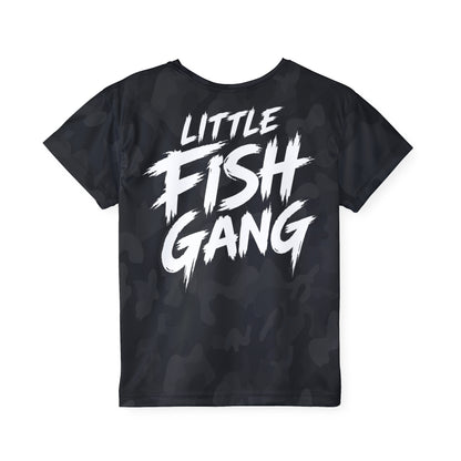Kids Long Sleeve 100% Polyester Shirt | Little Fish Gang | Black Camo