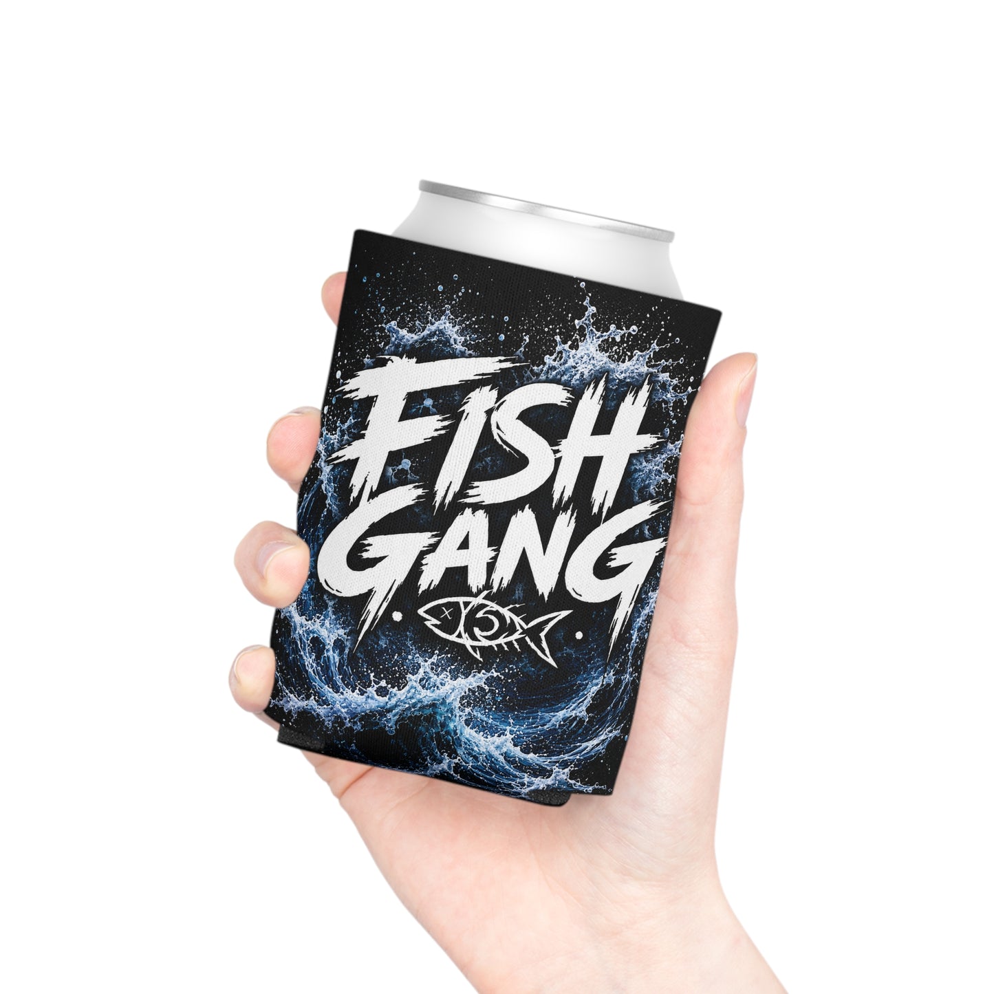 Can Cooler - "Fish Gang" Wave Design Beverage Koozie for Anglers & Boating Enthusiasts
