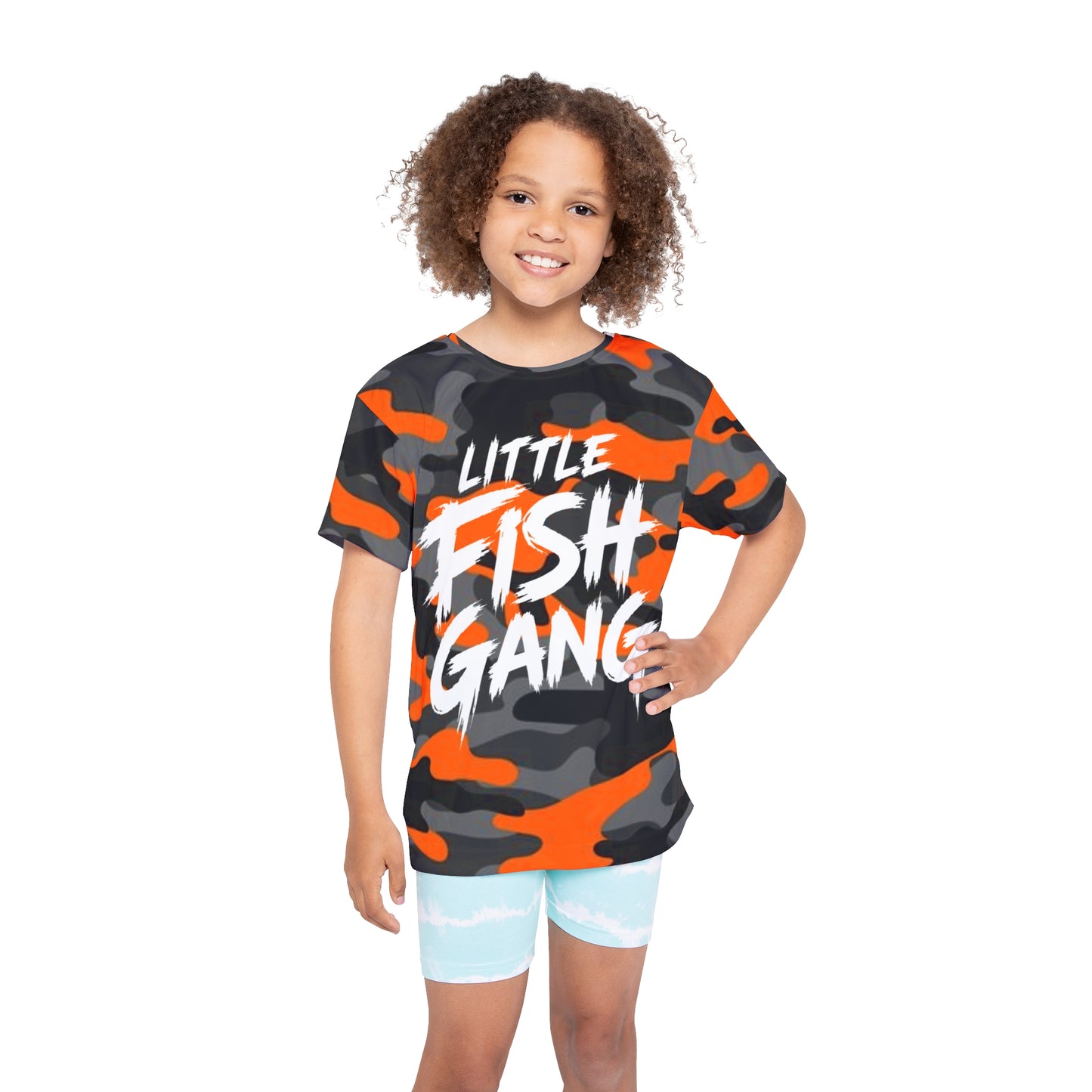Kids Long Sleeve 100% Polyester Shirt | Little Fish Gang | Orange Camo
