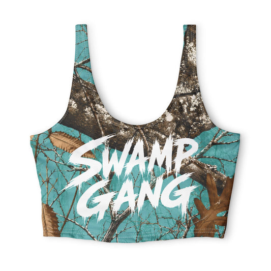 Swamp Gang Teal Mossy Oak Camo Sports Bra | 100% Polyester