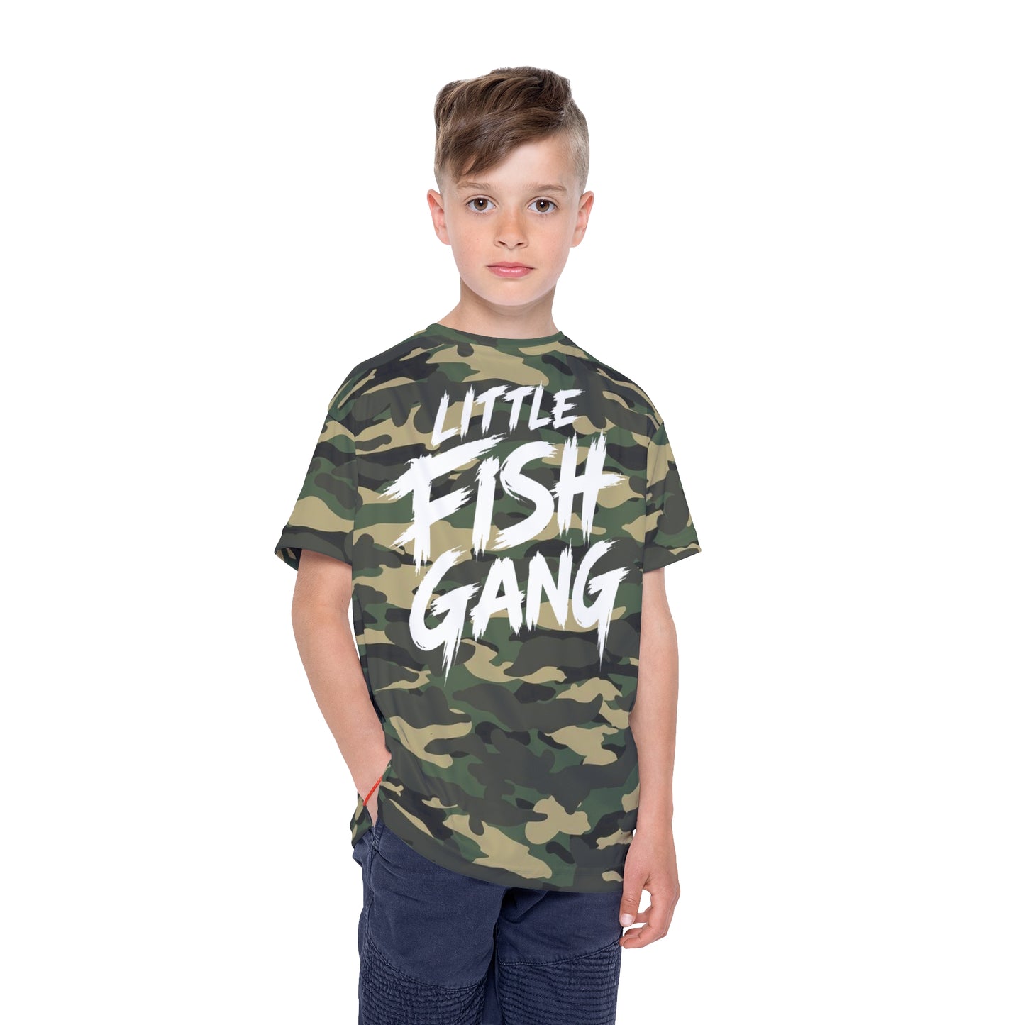 Kids Long Sleeve 100% Polyester Shirt | Little Fish Gang | Green Camo