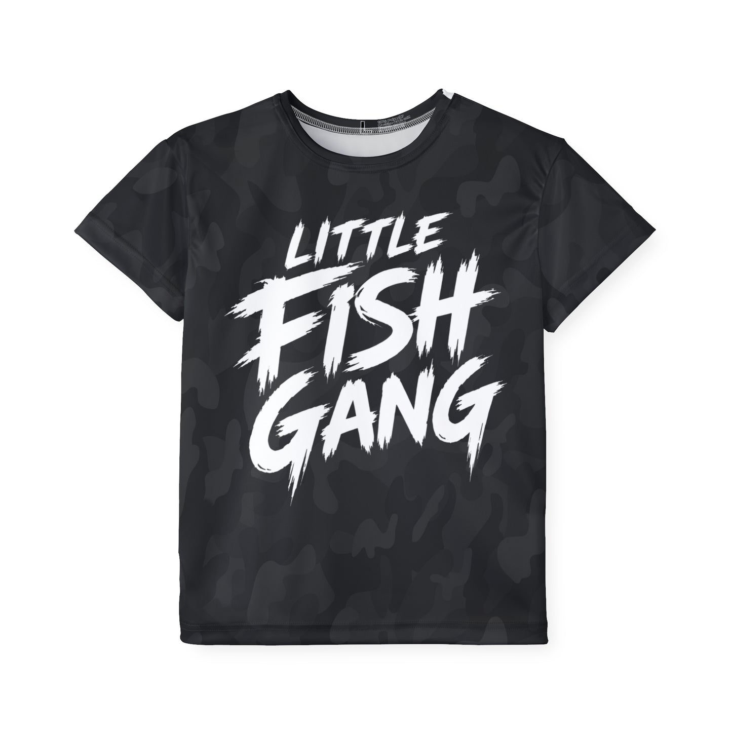 Kids Long Sleeve 100% Polyester Shirt | Little Fish Gang | Black Camo