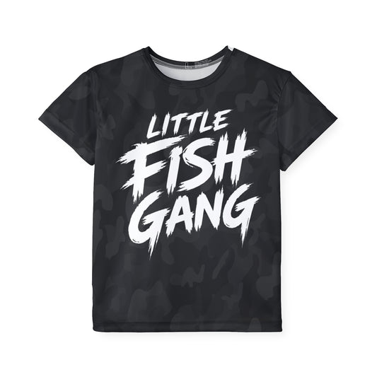 Kids Long Sleeve 100% Polyester Shirt | Little Fish Gang | Black Camo